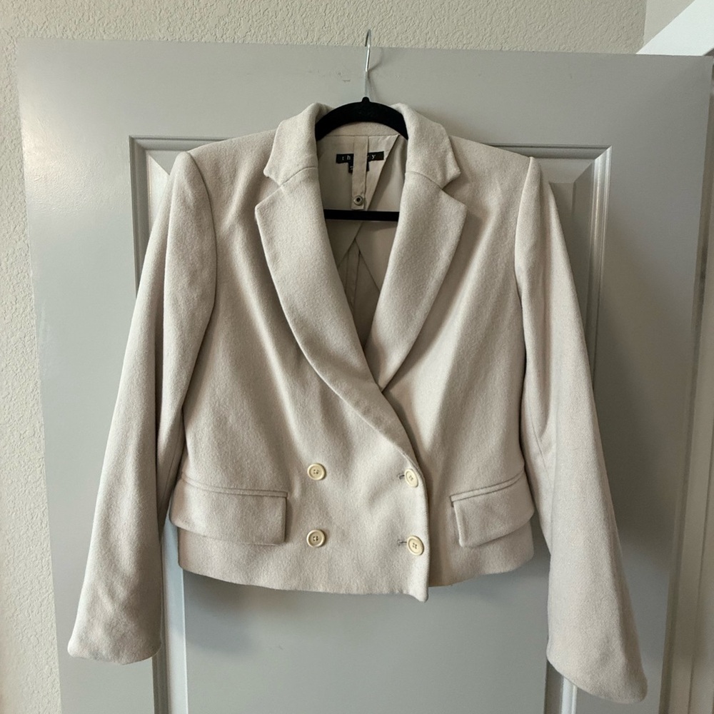 Theory Wool Blend Cream Double-Breasted Women's Cropped Blazer Size 4